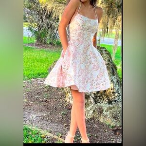 B Darlin Cream and Pink Mini Sundress with Halter Neckline and Sleeveless Design